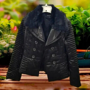 Bebe black Satin Quilted Pea Coat with fur collar Women's Size S